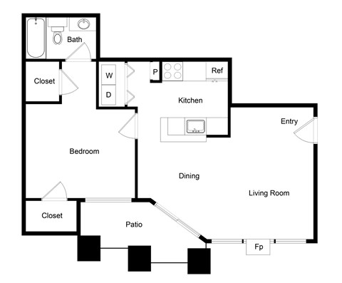 Floor plan for 1 bed, 1 bath, 680 sqft